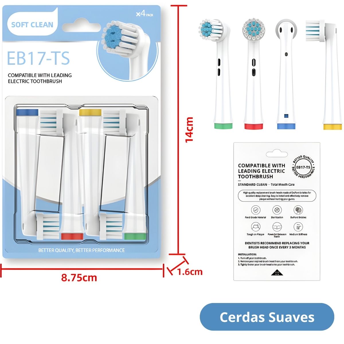 Cabezales De Repuesto Para Cepillo Dental Eléctrico De Cerdas Suaves DuPont Twist Action (4 Unds). Compatible Con TU719 TU770 Y Oral-B