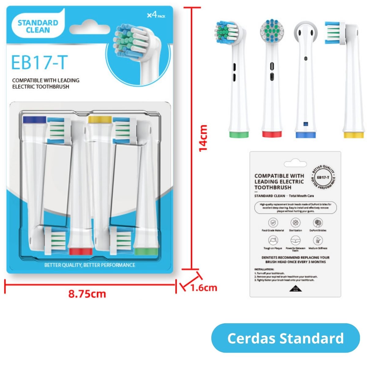 Cabezales De Repuesto Para Cepillo Dental Eléctrico De Cerdas Standard DuPont Twist Action (4 Unds). Compatible Con TU719 TU770 Y Oral-B