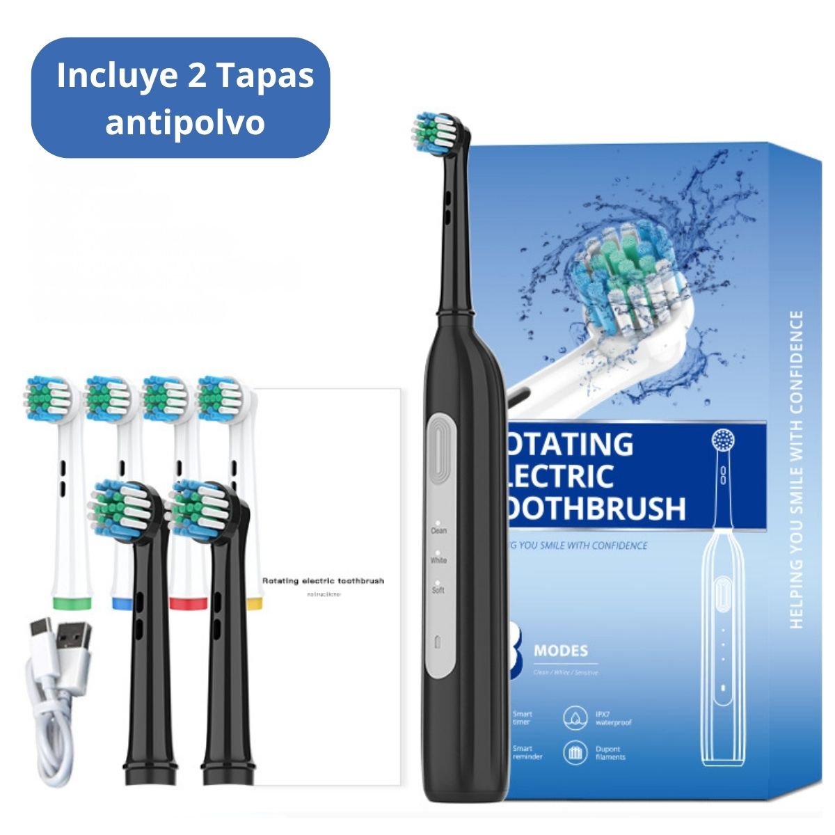 Cepillo De Dientes Eléctrico Rotatorio Impermeable IPX7, Carga USB Tipo-C, 600 mAh 30 Días de Autonomía 7500 vpm, Con 6 Cabezales Y 2 Tapas Antipolvo. Color Negro.