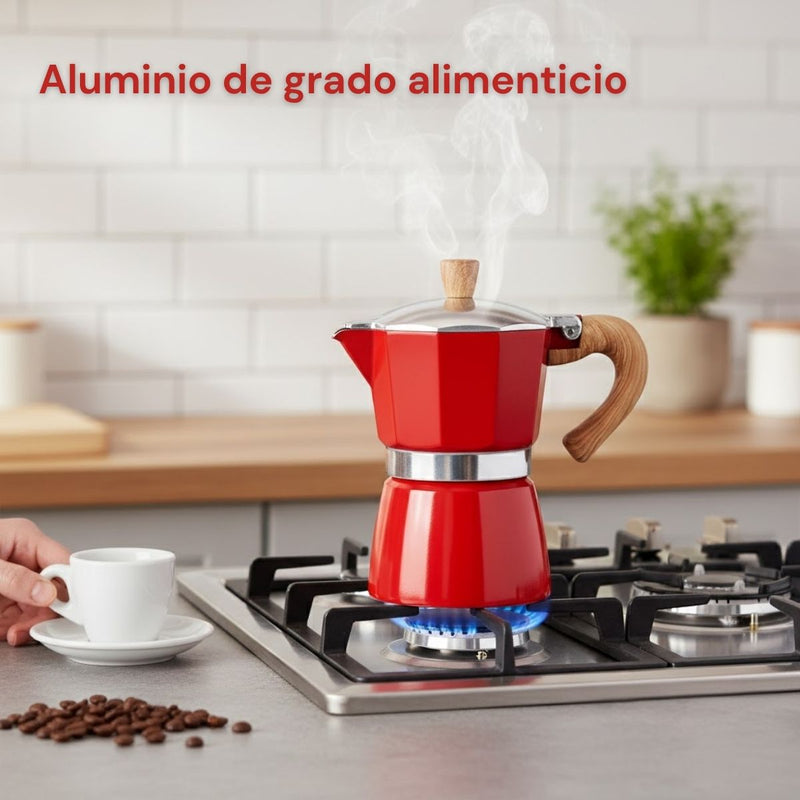 Cafetera Italiana Moka Pot Clásica De Aluminio Grado Alimenticio De 3 Tazas (150ml) Con Asa Estilo Madera Resistente Al Calor. Greca, Percoladora. Color Rojo.