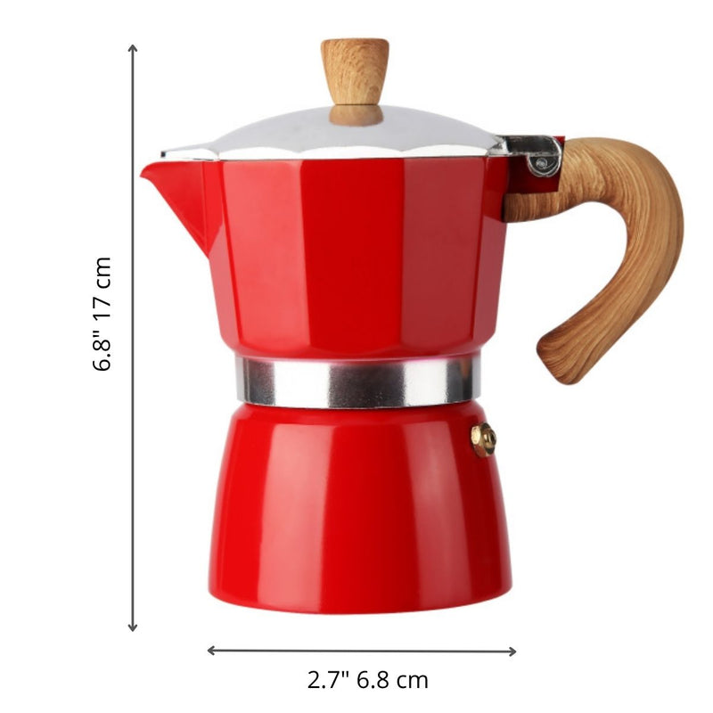 Cafetera Italiana Moka Pot Clásica De Aluminio Grado Alimenticio De 3 Tazas (150ml) Con Asa Estilo Madera Resistente Al Calor. Greca, Percoladora. Color Rojo.