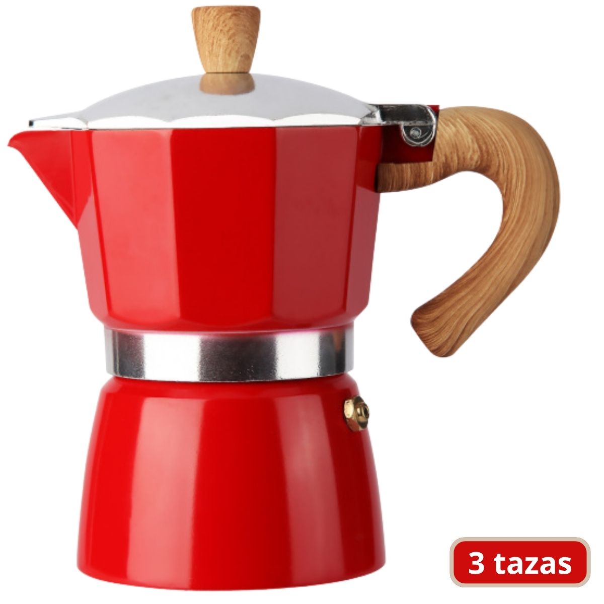 Cafetera Italiana Moka Pot Clásica De Aluminio Grado Alimenticio De 3 Tazas (150ml) Con Asa Estilo Madera Resistente Al Calor. Greca, Percoladora. Color Rojo.
