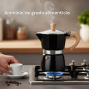 Cafetera Italiana Moka Pot Clásica De Aluminio Grado Alimenticio De 3 Tazas (150ml) Con Asa Estilo Madera Resistente Al Calor. Greca, Percoladora. Color Negro.