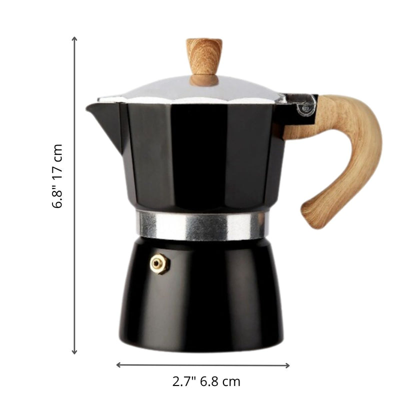 Cafetera Italiana Moka Pot Clásica De Aluminio Grado Alimenticio De 3 Tazas (150ml) Con Asa Estilo Madera Resistente Al Calor. Greca, Percoladora. Color Negro.