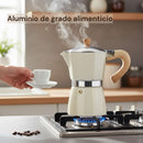 Cafetera Italiana Moka Pot Clásica De Aluminio Grado Alimenticio De 6 Tazas (300ml) Con Asa Estilo Madera Resistente Al Calor. Greca, Percoladora. Color Blanco.
