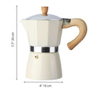 Cafetera Italiana Moka Pot Clásica De Aluminio Grado Alimenticio De 6 Tazas (300ml) Con Asa Estilo Madera Resistente Al Calor. Greca, Percoladora. Color Blanco.