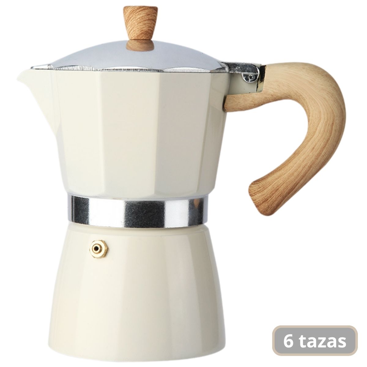 Cafetera Italiana Moka Pot Clásica De Aluminio Grado Alimenticio De 6 Tazas (300ml) Con Asa Estilo Madera Resistente Al Calor. Greca, Percoladora. Color Blanco.