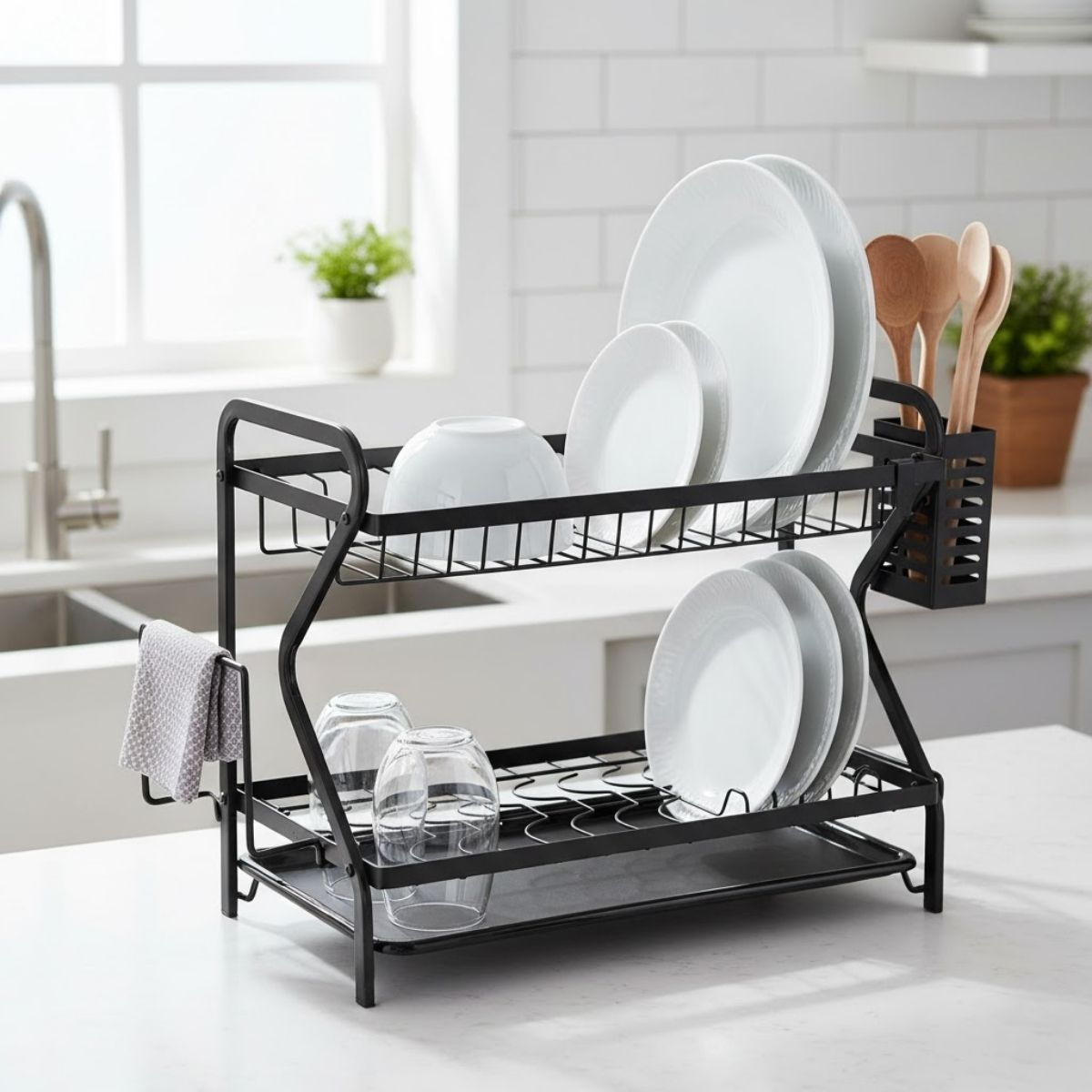 Escurridor De Platos De 2 Niveles De Hierro Forjado De 17.3x9.6x14.1” (44x 24.5x 36cm). Color Negro