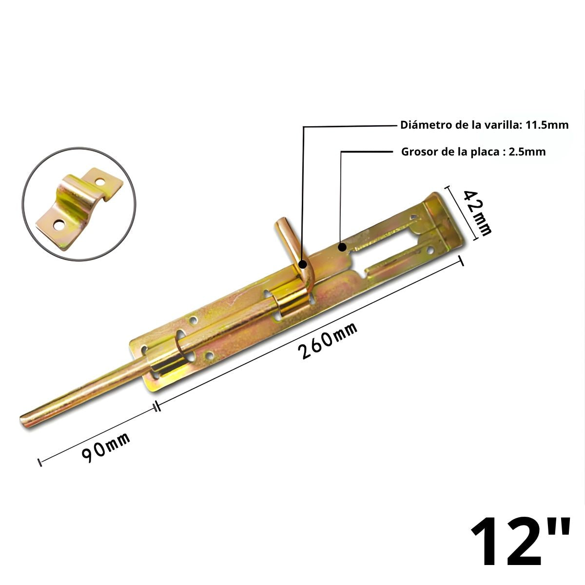 Picaporte Pasador tipo perno Cerrojo De Piso 12” (30.5 Cm) En Hierro Galvanizado Antióxido Para Puertas Y Portones. Pestillo Color Dorado