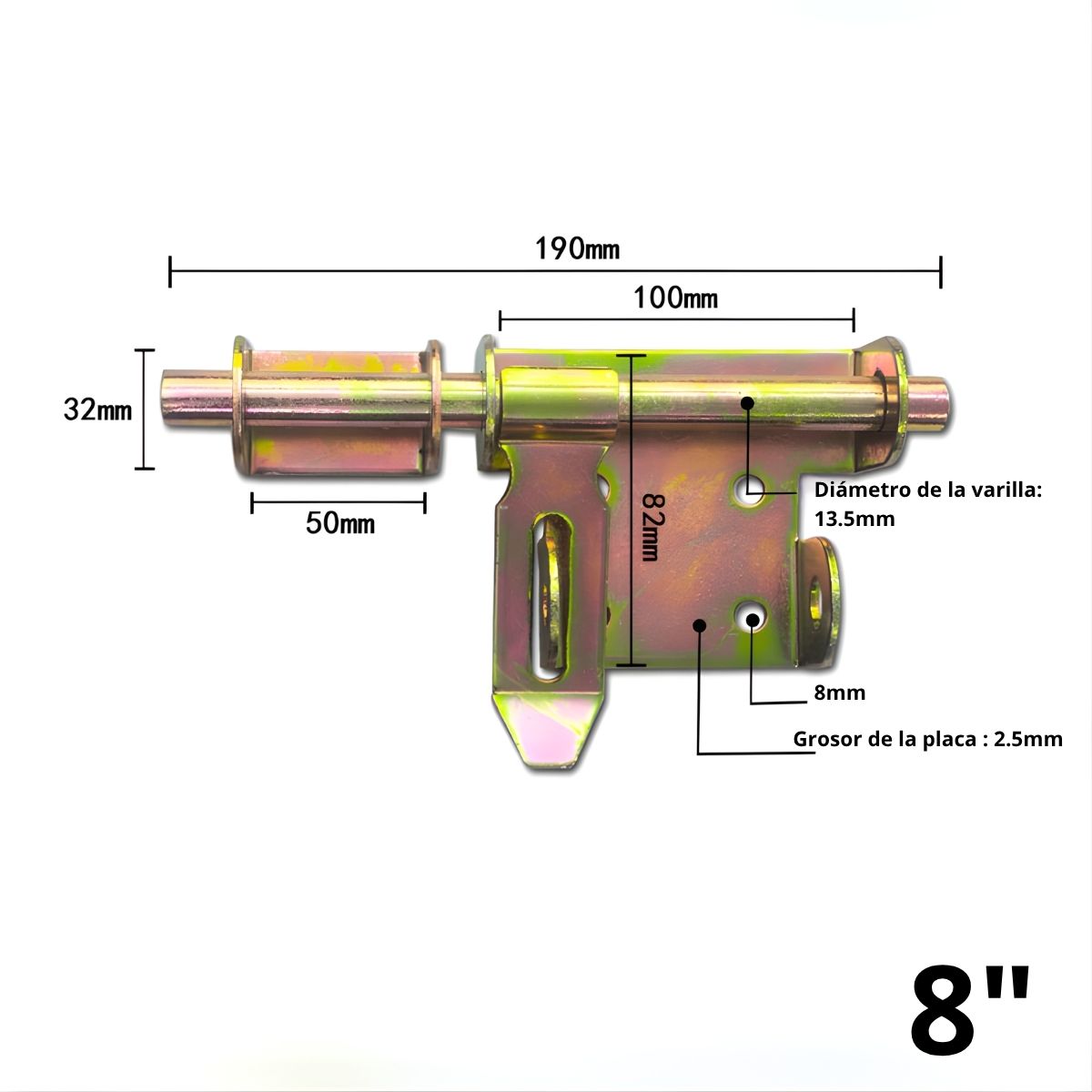 Picaporte Pasador Tipo Perno De Seguridad Bidireccional 8” (20.3Cm) De Hierro Cerrojo Galvanizado Antióxido Para Puertas Y Portones. Color Dorado