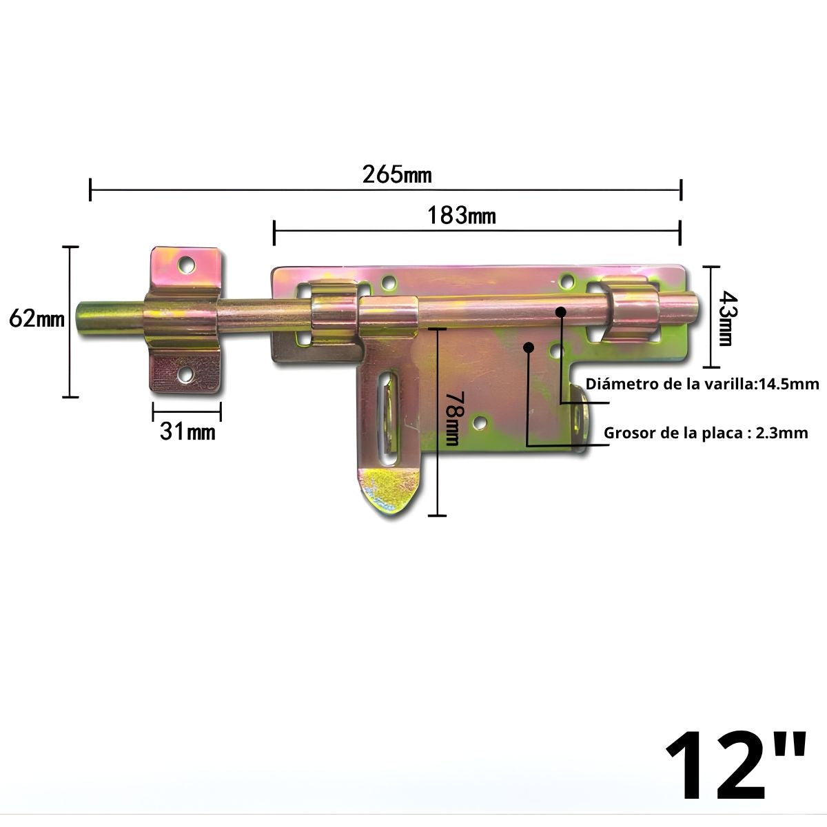 Pasador Picaporte Tipo Perno De Seguridad De Seguridad Bidireccional 12” (30.5Cm). Cerrojo De Acero Galvanizado Antióxido Para Puertas Y Portones. Color Dorado