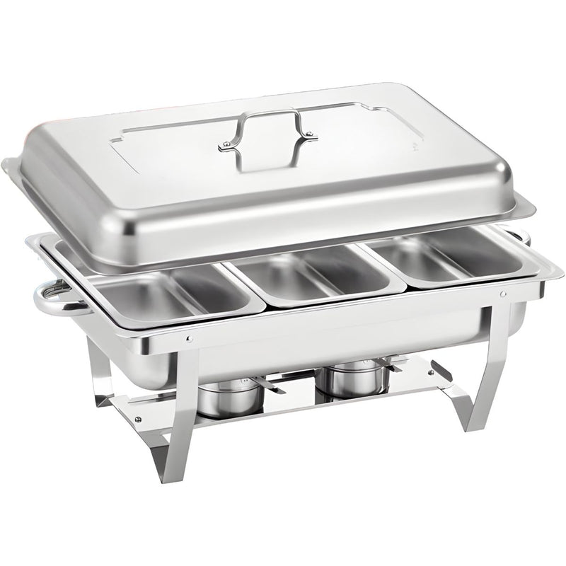 Chafing Dish Rectangular De Acero Inoxidable De Tres Compartimientos Calentamiento Por Alcohol Para Hoteles, Restaurantes, Buffets, Catering.