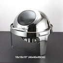 Chafing Dish Redondo De Acero Inoxidable Engrosado Con Tapa Abatible Completa 18x18x19” (46x46x49Cm) Con Calentador De Alcohol Para Hoteles, Restaurantes, Buffets, Catering. 6 Litros