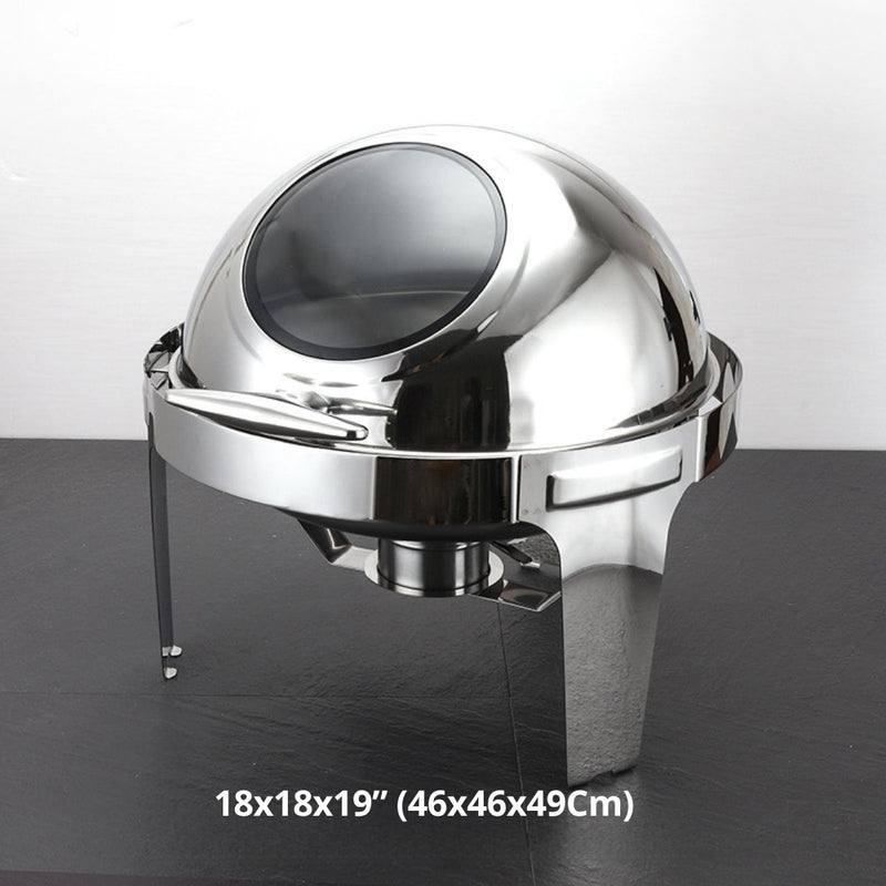 Chafing Dish Redondo De Acero Inoxidable Engrosado Con Tapa Abatible Completa 18x18x19” (46x46x49Cm) Con Calentador De Alcohol Para Hoteles, Restaurantes, Buffets, Catering. 6 Litros