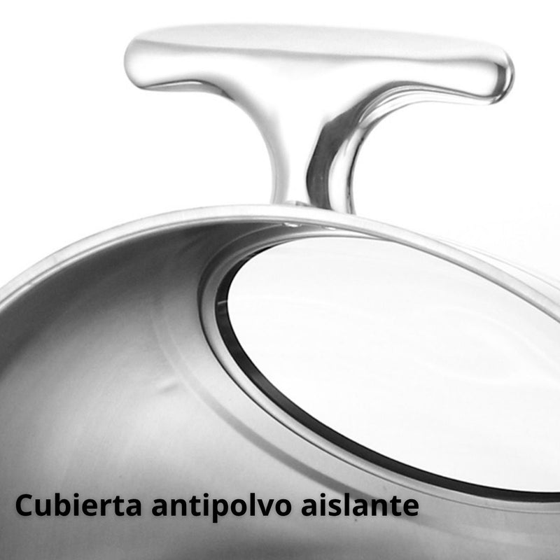 Chafing Dish Redondo De Acero Inoxidable Engrosado Con Tapa Abatible Completa 18x18x19” (46x46x49Cm) Con Calentador De Alcohol Para Hoteles, Restaurantes, Buffets, Catering. 6 Litros