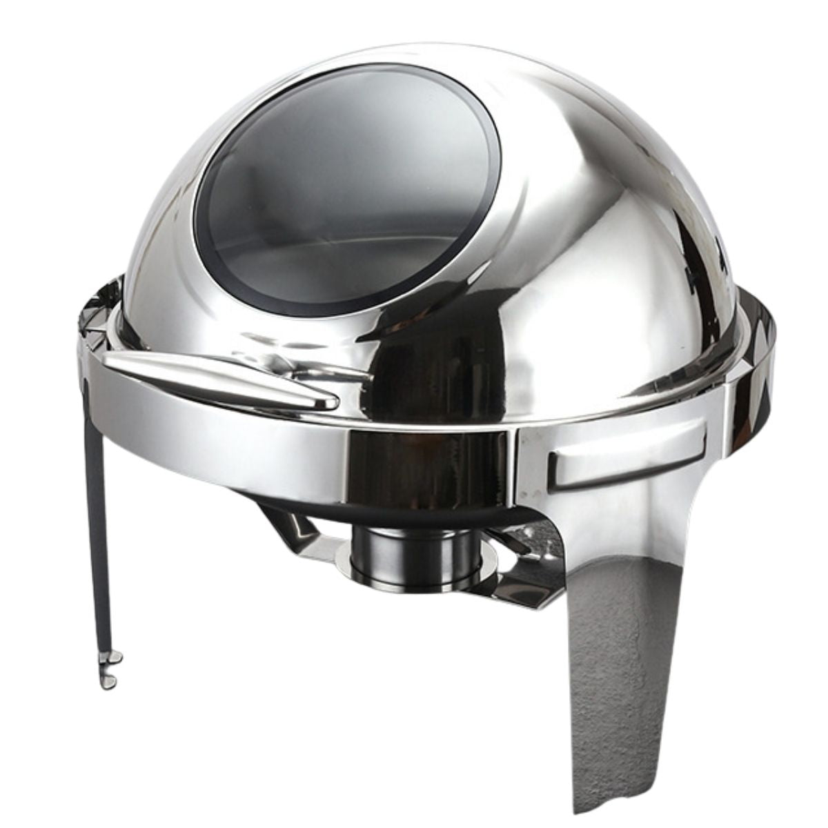 Chafing Dish Redondo De Acero Inoxidable Engrosado Con Tapa Abatible Completa 18x18x19” (46x46x49Cm) Con Calentador De Alcohol Para Hoteles, Restaurantes, Buffets, Catering. 6 Litros