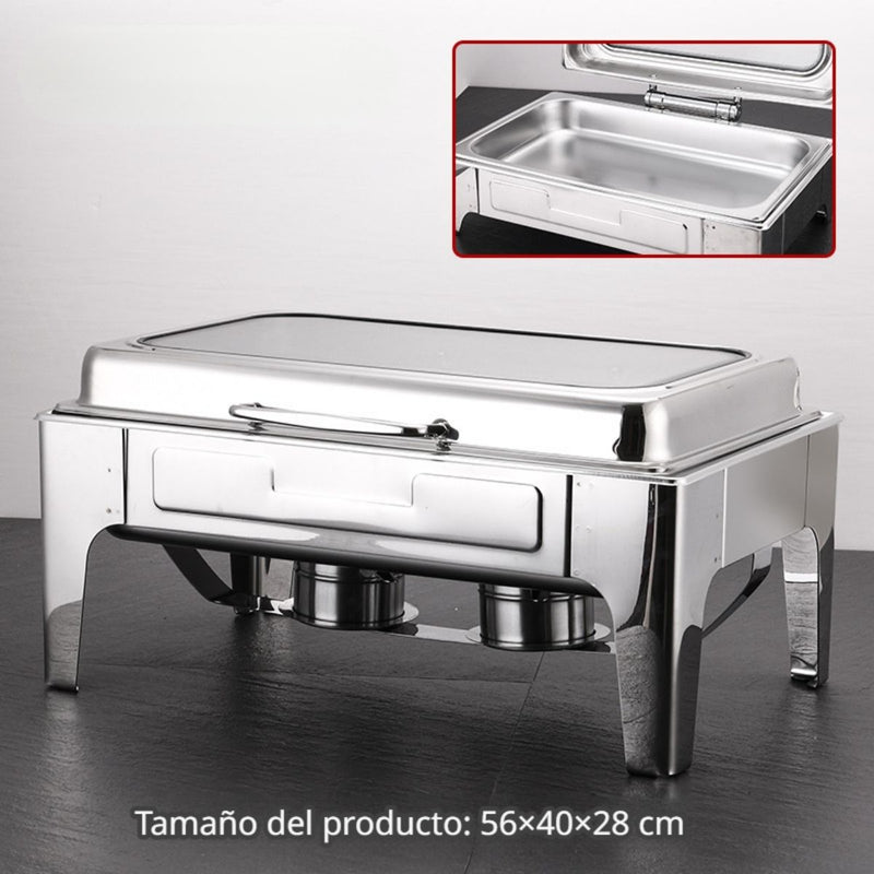 Chafing Dish Rectangular De Acero Inoxidable Con Tapa hidraulica cierre suave De Vidrio 22x16x11" De 1 Compartimiento Calentamiento Por Alcohol Para Hoteles, Restaurantes, Buffets, Catering.