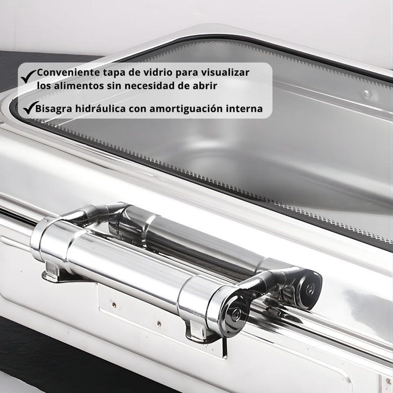 Chafing Dish Rectangular De Acero Inoxidable Con Tapa  De Vidrio hidraulica cierre suave 22x16x11" De 2 Compartimientos Calentamiento Por Alcohol Para Hoteles, Restaurantes, Buffets, Catering.