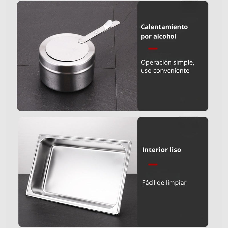 Chafing Dish Rectangular De Acero Inoxidable Con Tapa  De Vidrio hidraulica cierre suave 22x16x11" De 2 Compartimientos Calentamiento Por Alcohol Para Hoteles, Restaurantes, Buffets, Catering.