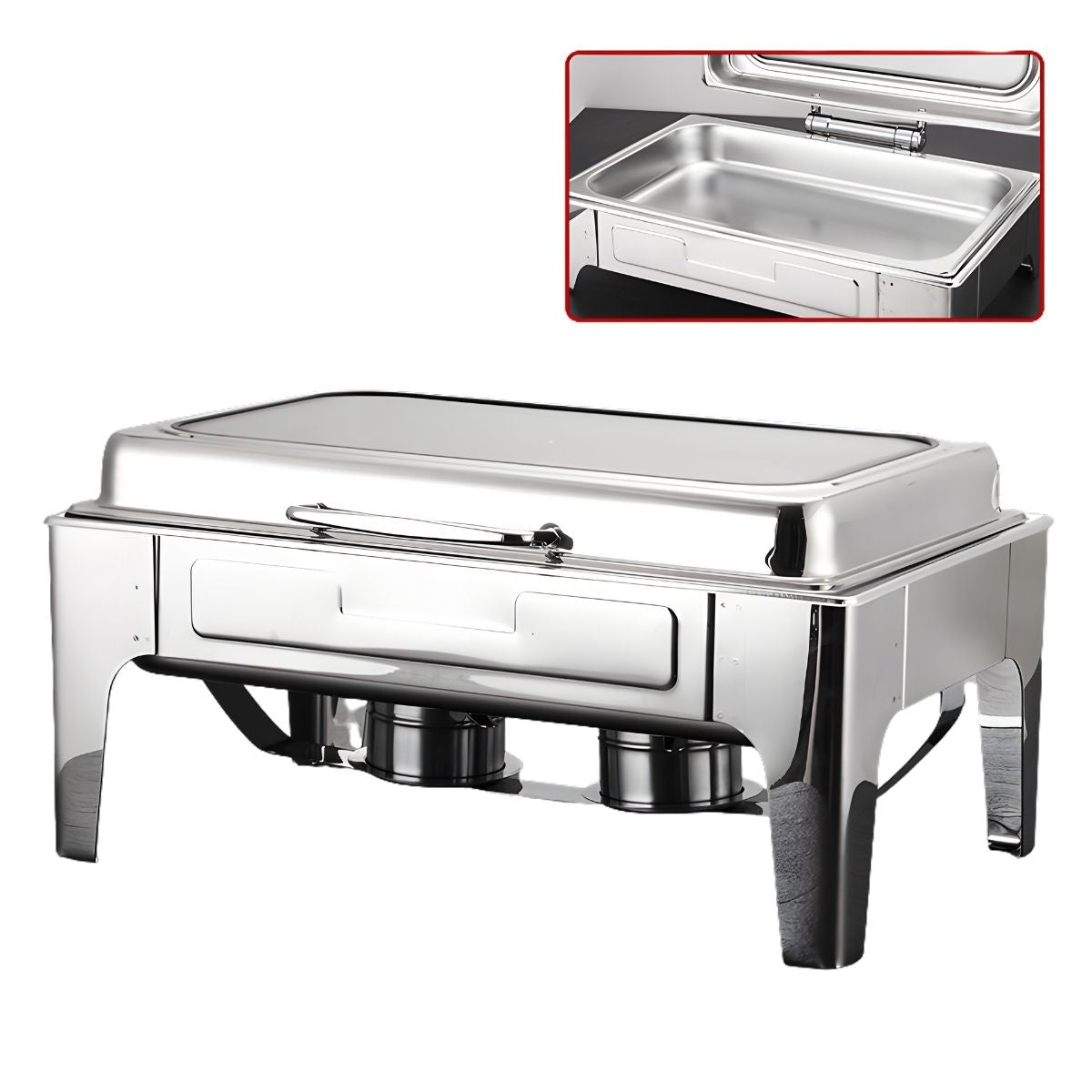 Chafing Dish Rectangular De Acero Inoxidable Con Tapa hidraulica cierre suave De Vidrio 22x16x11" De 1 Compartimiento Calentamiento Por Alcohol Para Hoteles, Restaurantes, Buffets, Catering.