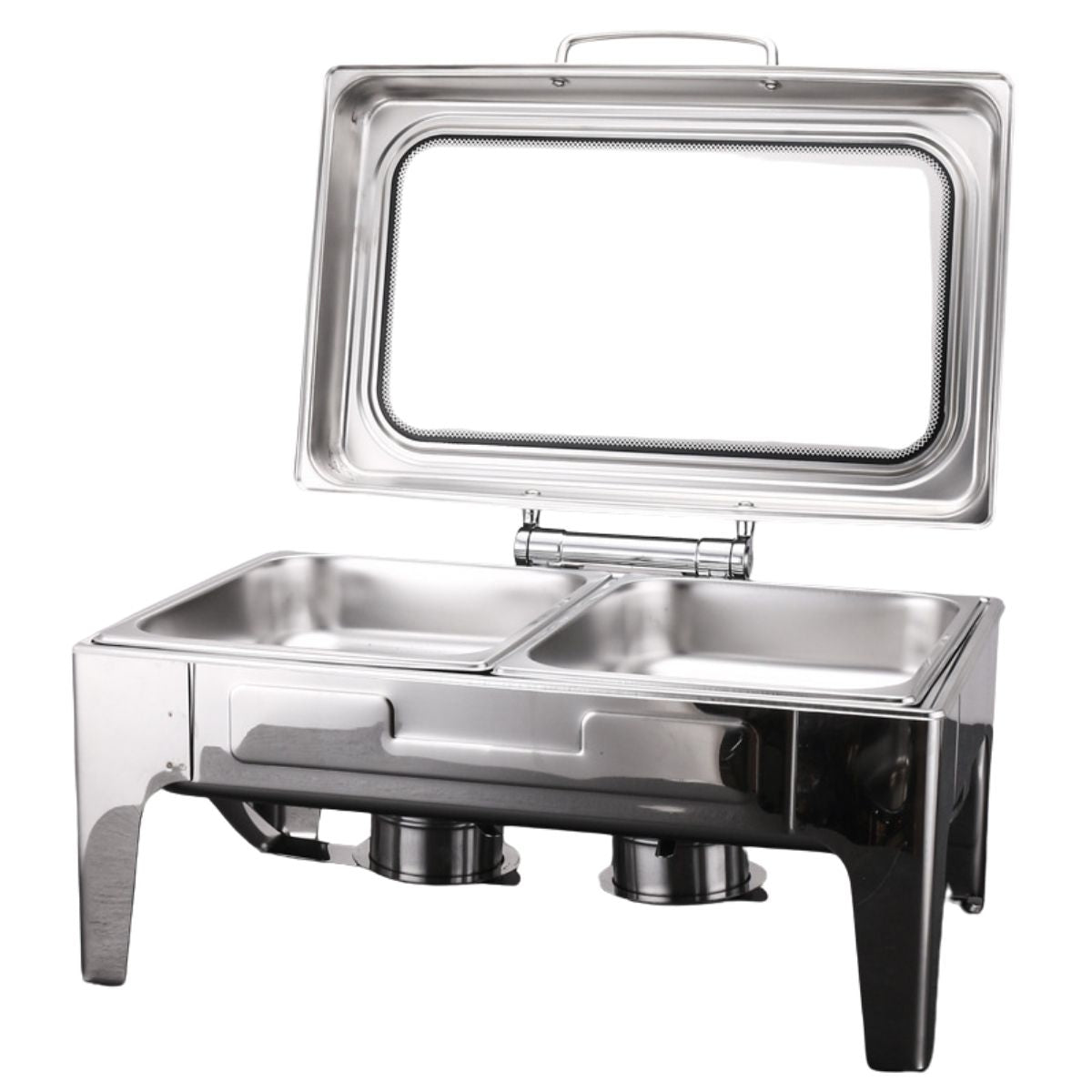 Chafing Dish Rectangular De Acero Inoxidable Con Tapa  De Vidrio hidraulica cierre suave 22x16x11" De 2 Compartimientos Calentamiento Por Alcohol Para Hoteles, Restaurantes, Buffets, Catering.