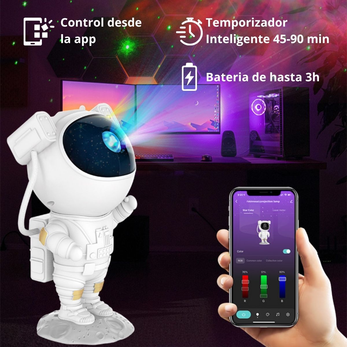 Proyector Astronauta Luz Nocturna 4.7x4.3x9” (12x11x23Cm) 5V 1A, 2500mAh. Ideal Para Habitaciones Infantiles Y Decoración.