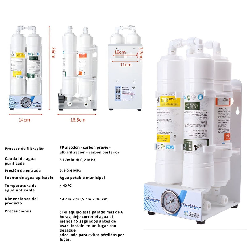 Filtro De Agua De Ultrafiltración De 4 Etapas Sin Electricidad Con Filtros De Repuesto. Incluye Grifo de Acero Inoxidable 304.