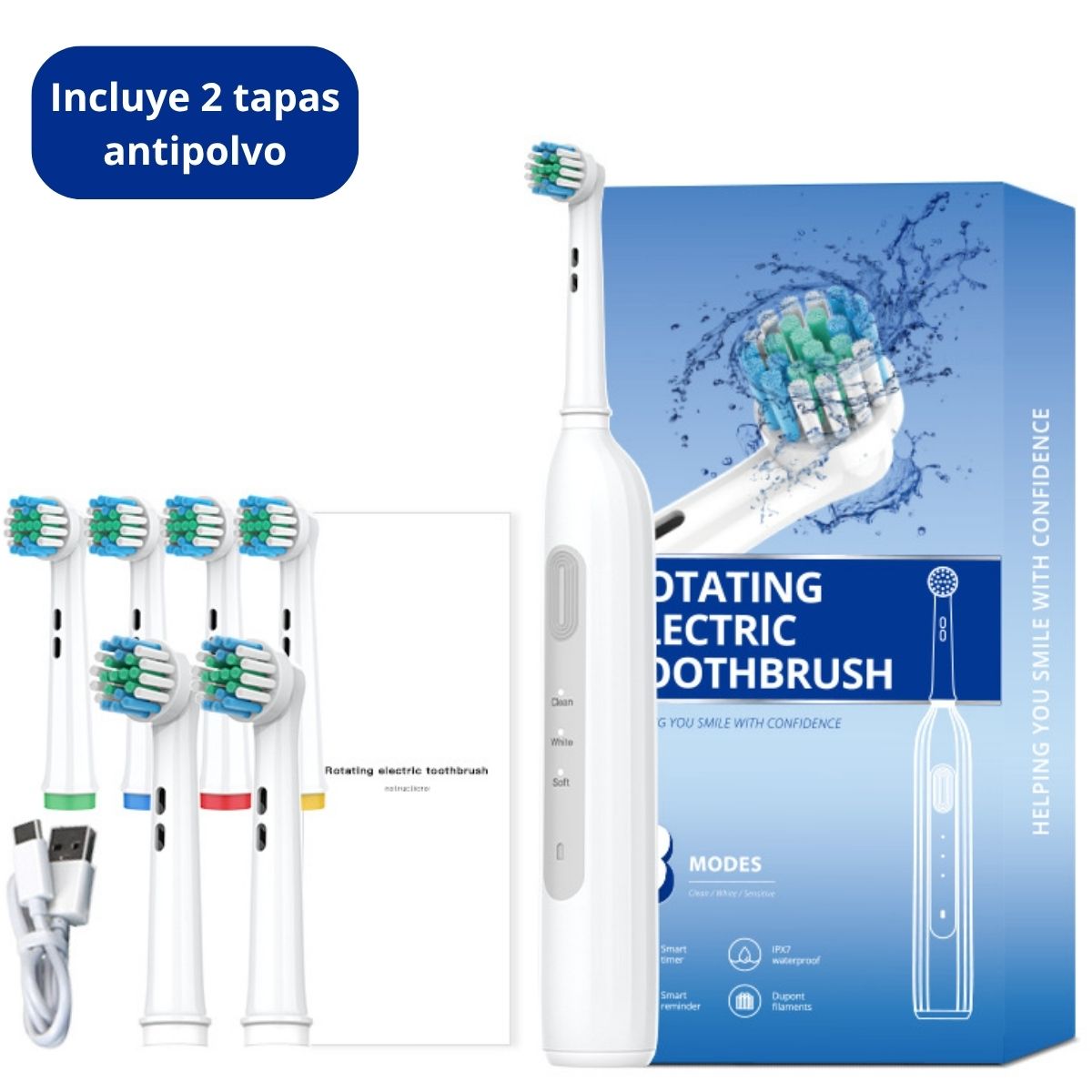 Cepillo De Dientes Eléctrico Rotatorio Impermeable IPX7, Carga USB Tipo-C, 600 mAh 30 Días de Autonomía 7500 Vpm, Con 6 Cabezales Y 2 Tapas Antipolvo. Color Blanco.