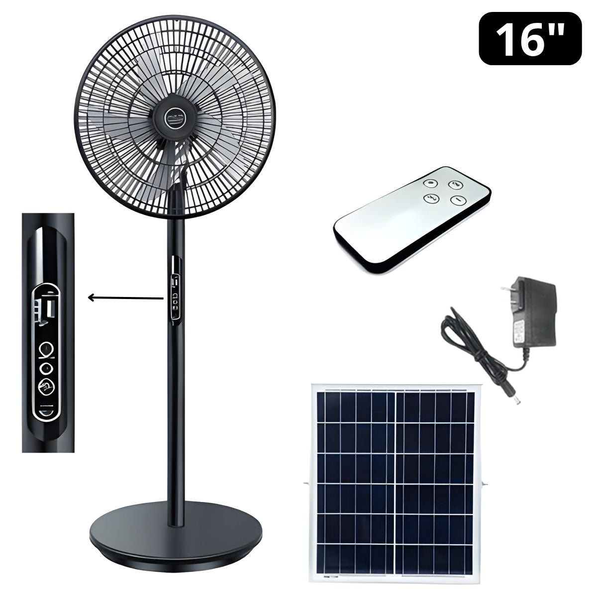 Abanico Ventilador Solar De Pedestal A Control Remoto 5V 25W.Con Batería De Litio 20000 mAh Recargable Y Panel Fotovoltaico 6V 20W. Puerto USB De 16” (40.6Cm)