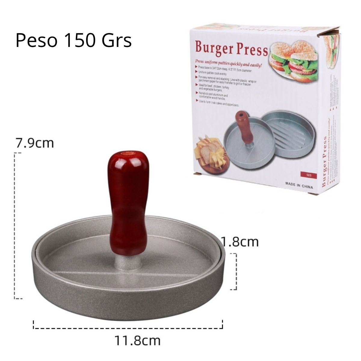 Prensa Molde Para Hamburguesas De Aluminio De Grado Alimenticio Con Mango De Madera 4.7” (11.8Cm) Diámetro, 0.71” (1.8Cm) Altura Y 150Grs. Moldeador Formador De Carne.