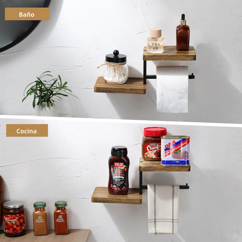 Portarrollos De Papel Higiénico De Madera Con Hierro. Soporte De Papel Sanitario Con Repisa. Porta papel.