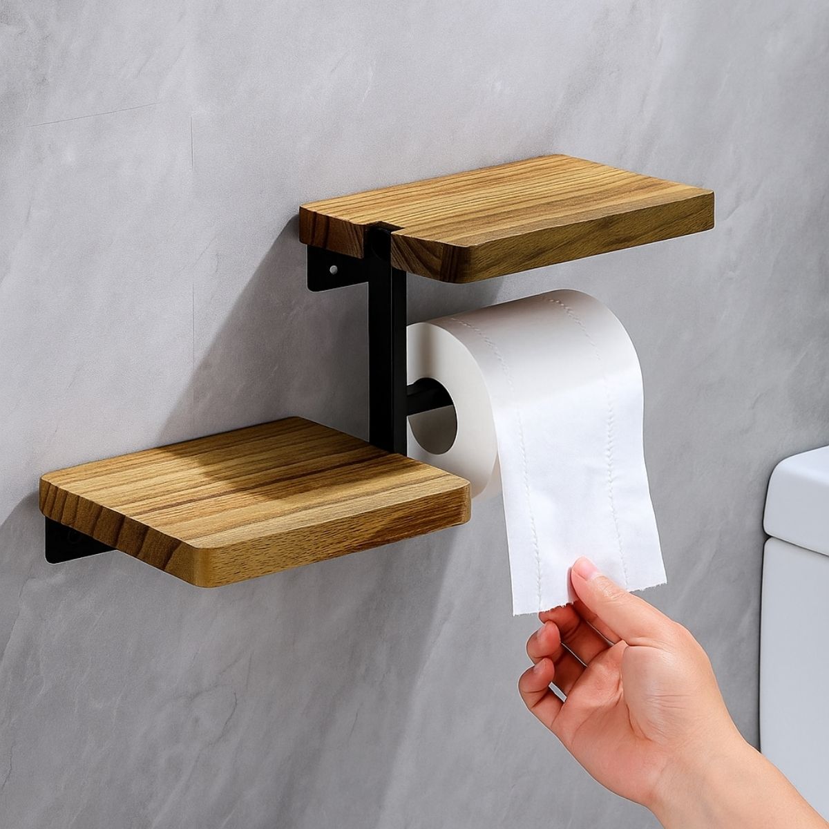 Portarrollos De Papel Higiénico De Madera Con Hierro. Soporte De Papel Sanitario Con Repisa. Porta papel.