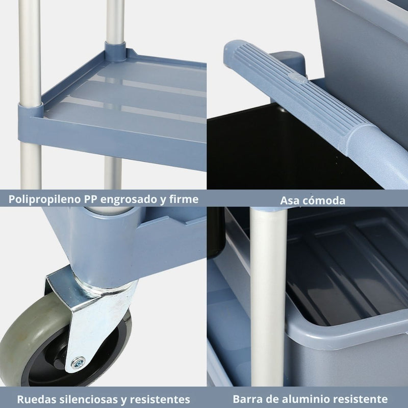 Carrito De Servicio De 40.7x18.7x35.4” (103.5x47.5x90cm) Carrito De Almacenamiento De PP Y Aluminio Con Ruedas Silenciosas Para Hoteles, Restaurantes Y Clínicas.
