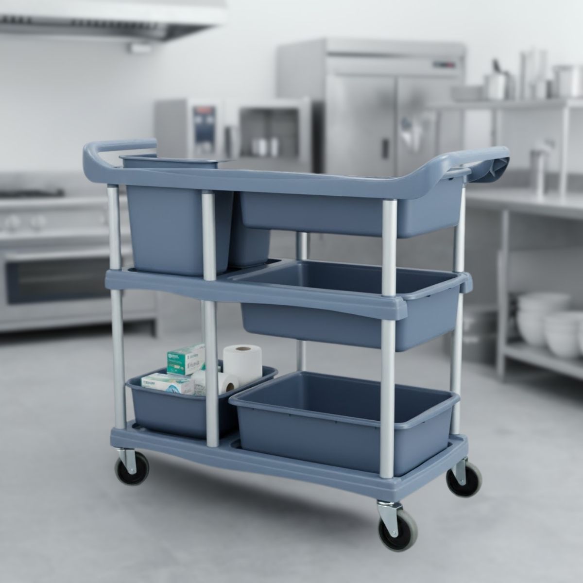 Carrito De Servicio De 40.7x18.7x35.4” (103.5x47.5x90cm) Carrito De Almacenamiento De PP Y Aluminio Con Ruedas Silenciosas Para Hoteles, Restaurantes Y Clínicas.