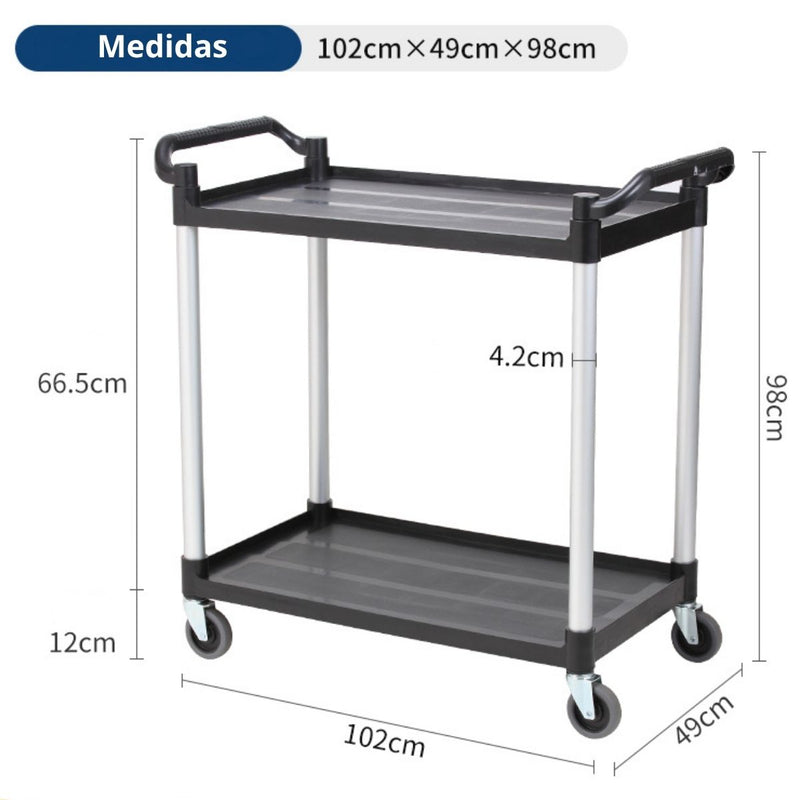 Carrito De Servicio 40.2x19.3x38.6” (102x49x98cm) Carrito De Transporte De PP Reforzado Y Aluminio Con Ruedas Silenciosas Para Hoteles, Restaurantes Y Clínicas.