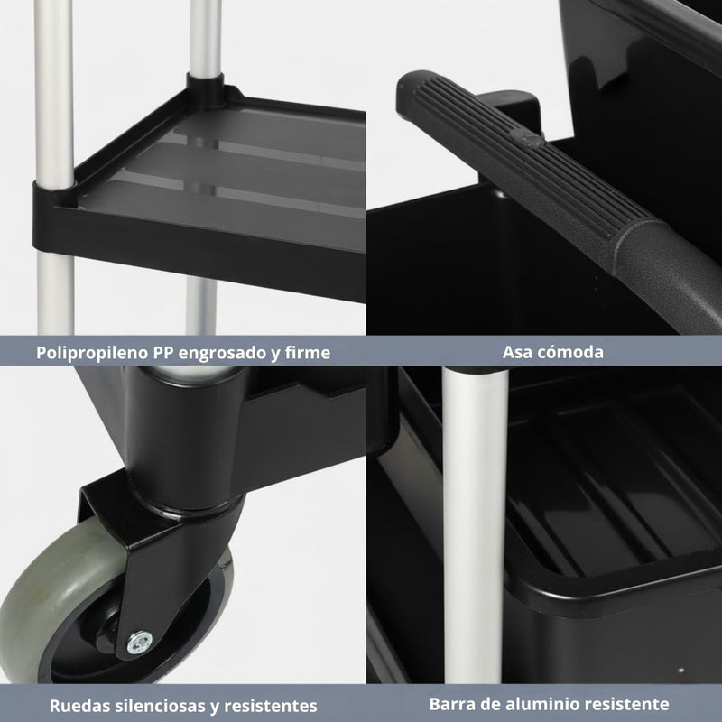 Carrito De Servicio 40.2x19.3x38.6” (102x49x98cm) Carrito De Transporte De PP Reforzado Y Aluminio Con Ruedas Silenciosas Para Hoteles, Restaurantes Y Clínicas.