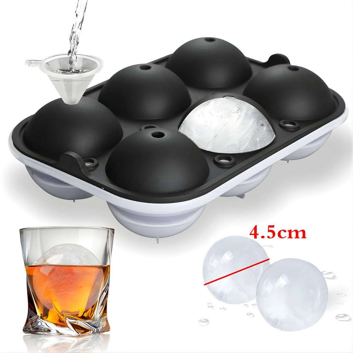 Molde De Silicona Para Hielo En Esferas Grandes De 4.5 Cm Con Embudo.