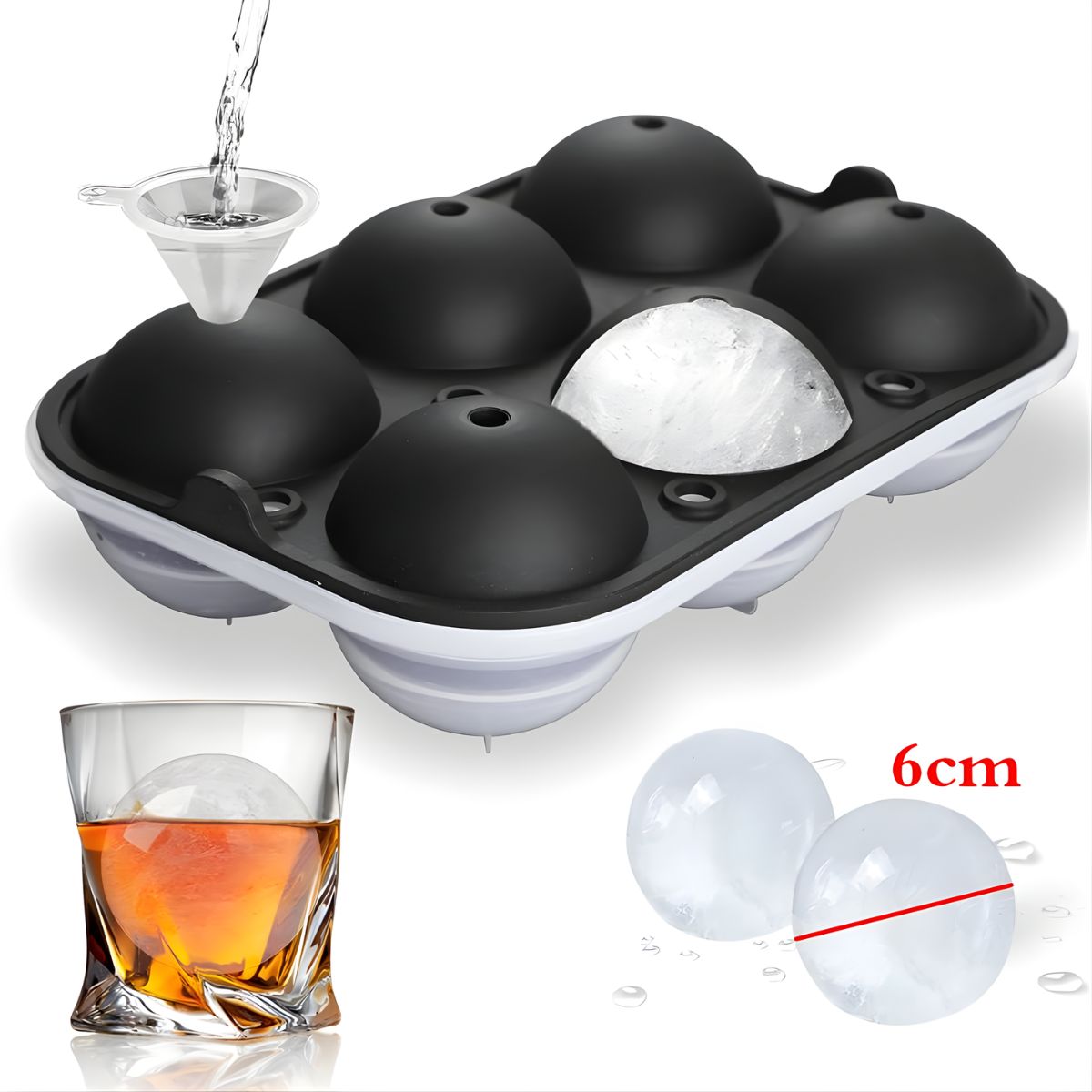 Molde De Silicona Para Hielo En Esferas Grandes De 6 Cm Con Embudo.