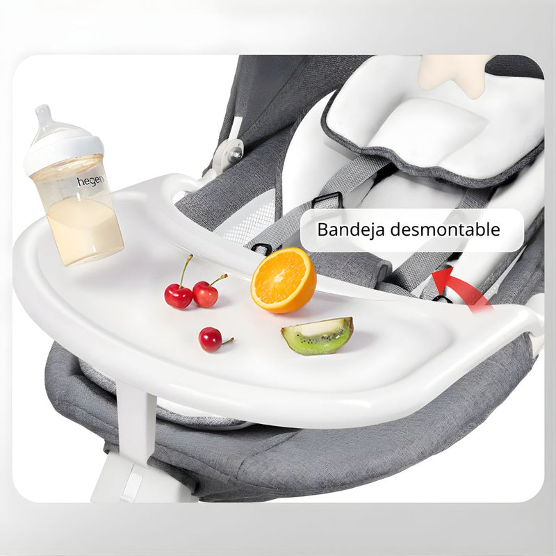 Silla Mecedora para Bebé con Mando a Distancia y  Bluetooth. Hamaca Infantil con Mosquitero y Bandeja para comer Desmontable. Color gris.