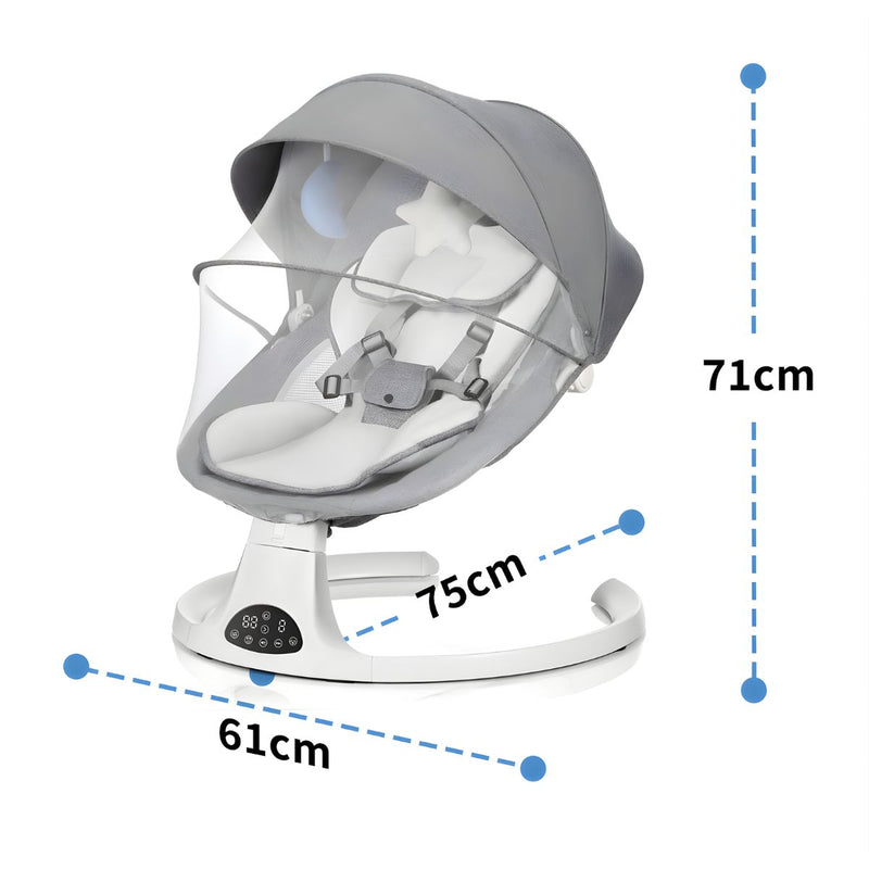 Silla Mecedora para Bebé con Mando a Distancia y  Bluetooth. Hamaca Infantil con Mosquitero y Bandeja para comer Desmontable. Color gris.