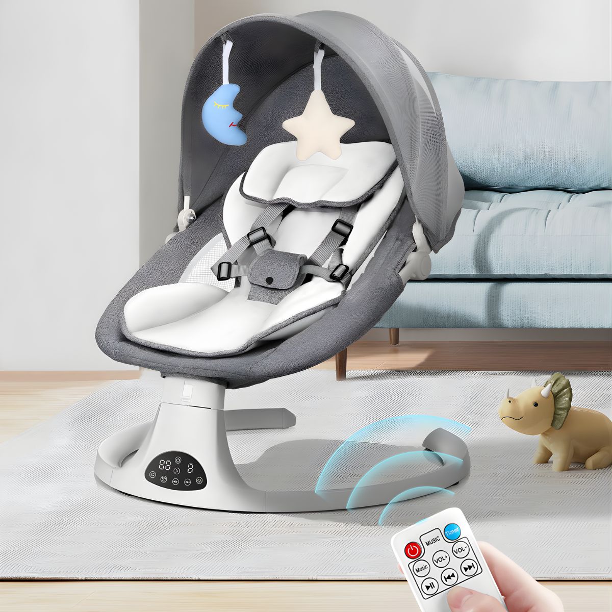 Silla Mecedora para Bebé con Mando a Distancia y  Bluetooth. Hamaca Infantil con Mosquitero y Bandeja para comer Desmontable. Color gris.