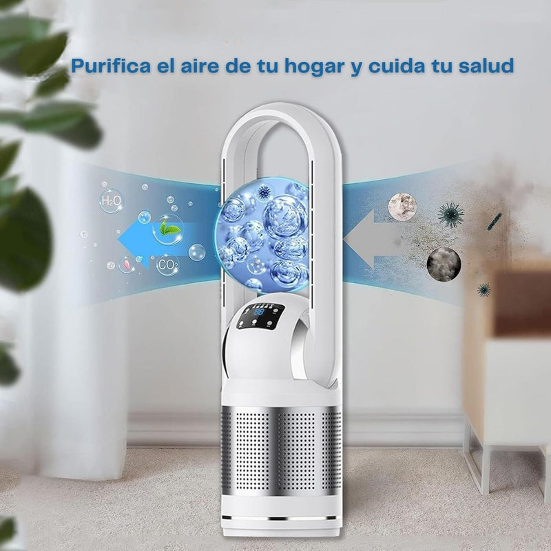 Abanico Y Purificador De Aire Sin Aspas 48” (28x86 cm) 110V. Ventilador de 45W Y 50Hz. Color Blanco elimina el 99.95 % de partículas PM 2.5