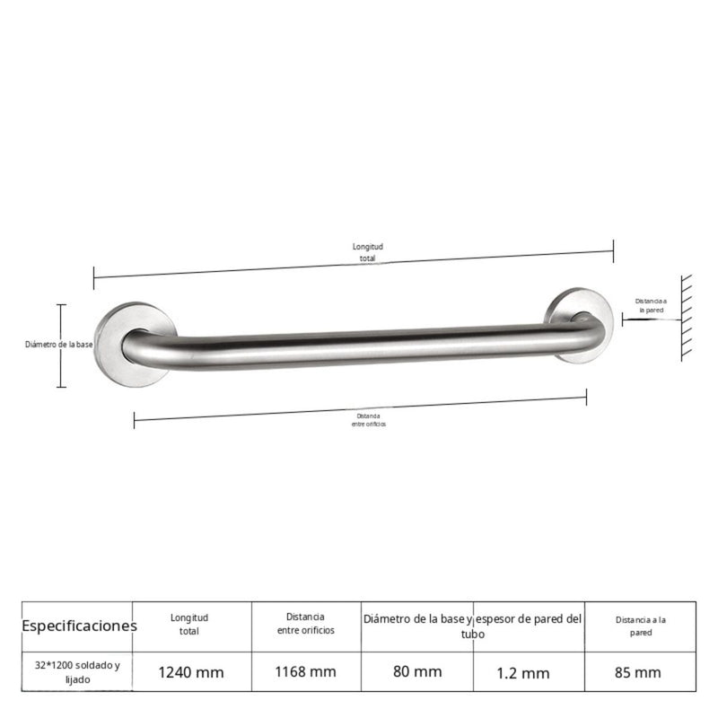 Barra de seguridad apoyo Inoxidable para Baño 124cm Antideslizante para Ducha, WC y Escaleras. Soporte.