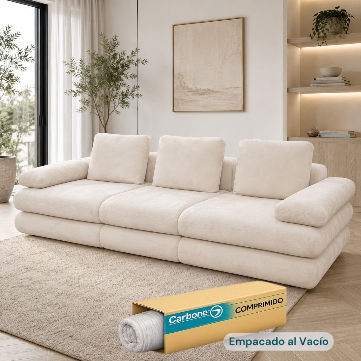 Sofá Modular Luxury de 3 Puestos Empacado al Vacío. Espuma 3D y 32D de Alta Densidad con Fundas parcialmente removibles (308x100x65cm). Color beige claro.