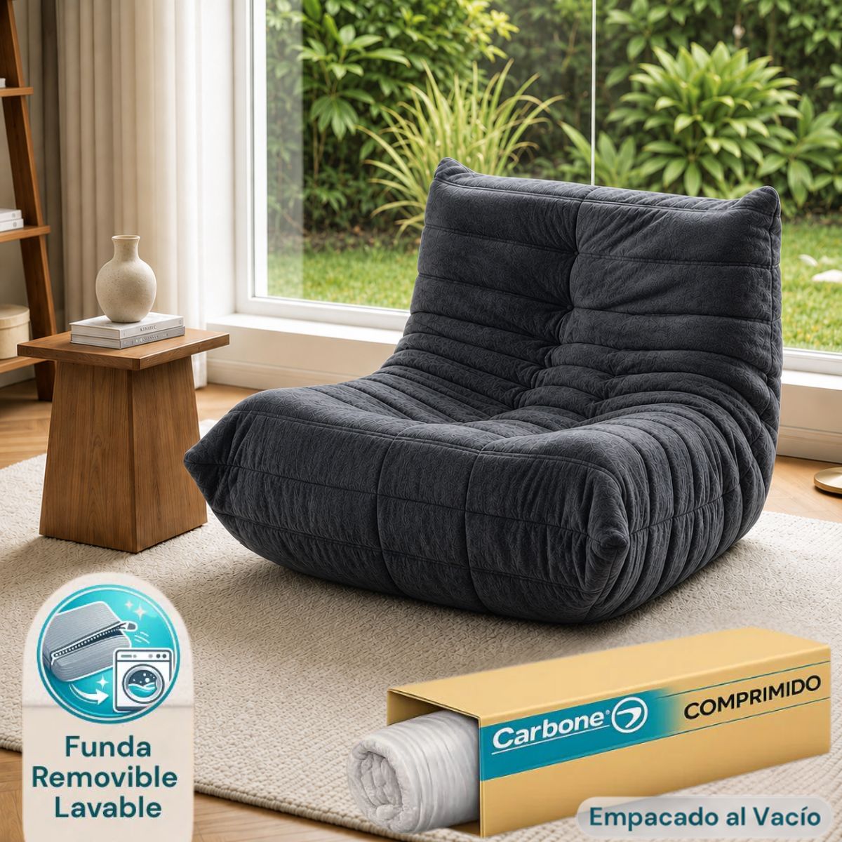 Sillón Individual Empacado al Vacío con Espuma 32D de Alta Densidad y Fundas Removibles (80x95x65cm). Color gris oscuro.