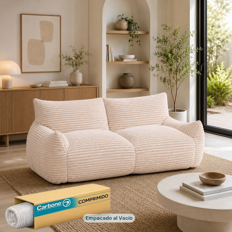 Sofá Moderno de 2 Puestos Empacado al Vacío con Espuma 32D Triturada (185x90x75cm). Color blanco.