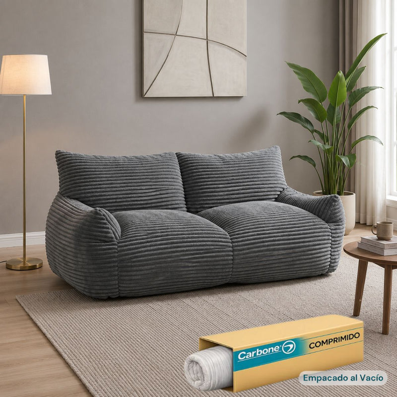 Sofá Moderno de 2 Puestos Empacado al Vacío con Espuma 32D Triturada (185x90x75cm). Color Gris.