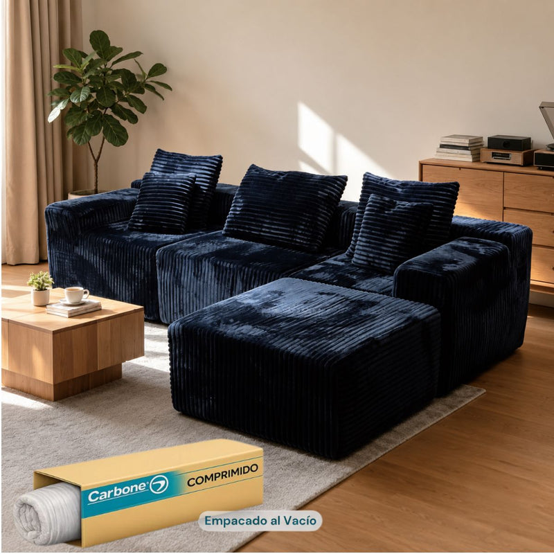 Sofá Modular de 3 Puestos Empacado al Vacío (271x96x63cm). Espuma 32D de Alta Densidad con Resortes y Fundas Removibles. Color Azul oscuro.