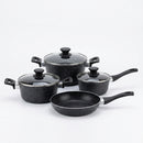 Ollas Antiadherentes de Aluminio Forjado con Granito Negro incluyen Tapa de Vidrio. Set de 7 piezas. Set de Ollas y Sartén