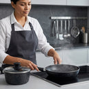 Ollas Antiadherentes de Aluminio Forjado con Granito Negro incluyen Tapa de Vidrio. Set de 7 piezas. Set de Ollas y Sartén